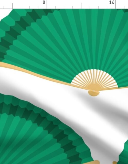 Jumbo Green Blue Splayed Fans on White Fabric