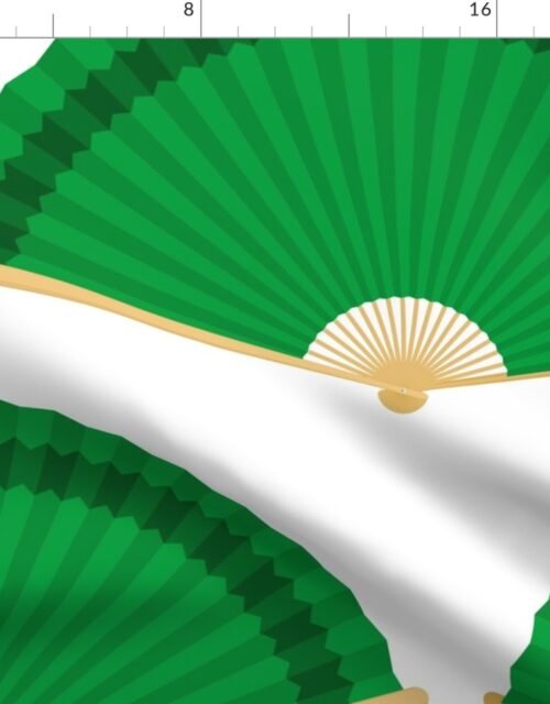 Jumbo Kelly Green Splayed Fans on White Fabric