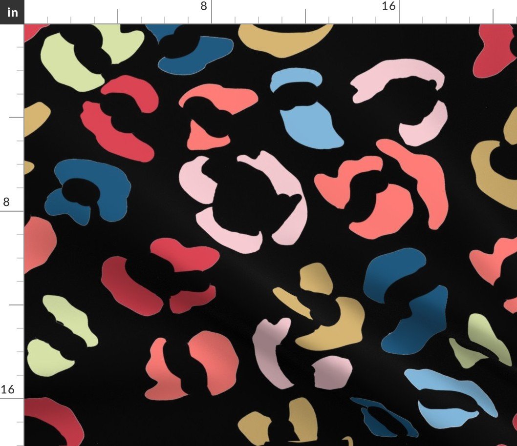 Jumbo Multi-Colored Leopard Splodges on Black Fabric Jumbo Multi-Colored Leopard Splodges on Black Fabric