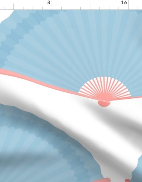 Jumbo Powder Blue and Pink Splayed Fans on White Fabric