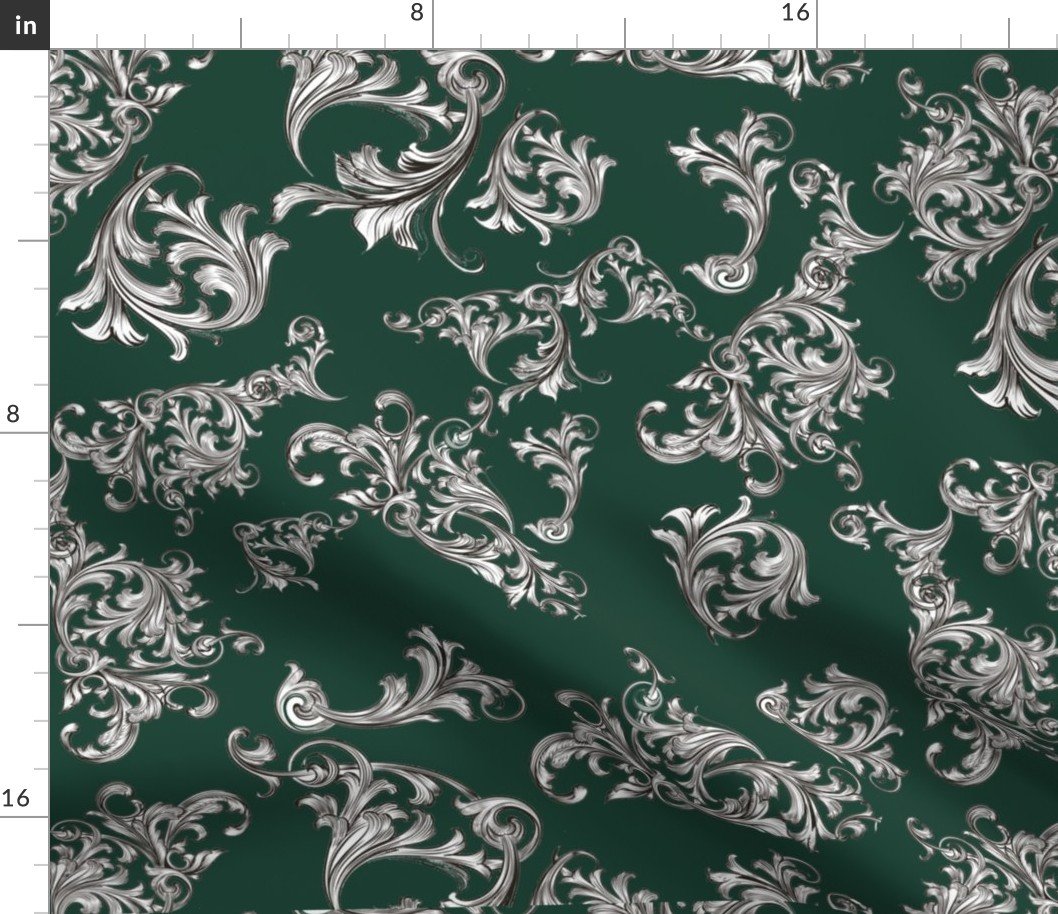 Jumbo Retro Roccoco Black Flourishes on Hunter Green Fabric Jumbo Retro Roccoco Black Flourishes on Hunter Green Fabric