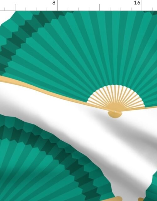 Jumbo Teal Splayed Fans on White Fabric