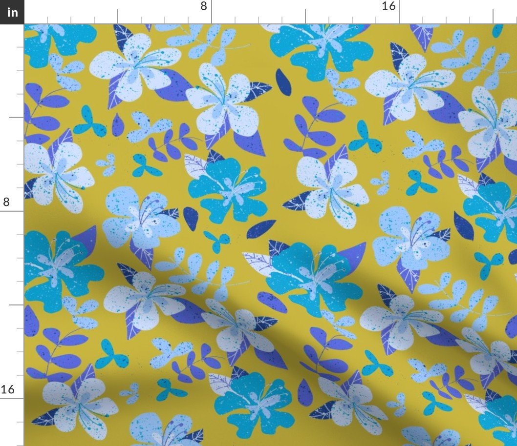 Jumbo Tropical Blue and Indigo Hibiscus Floral Repeat on Gold Fabric