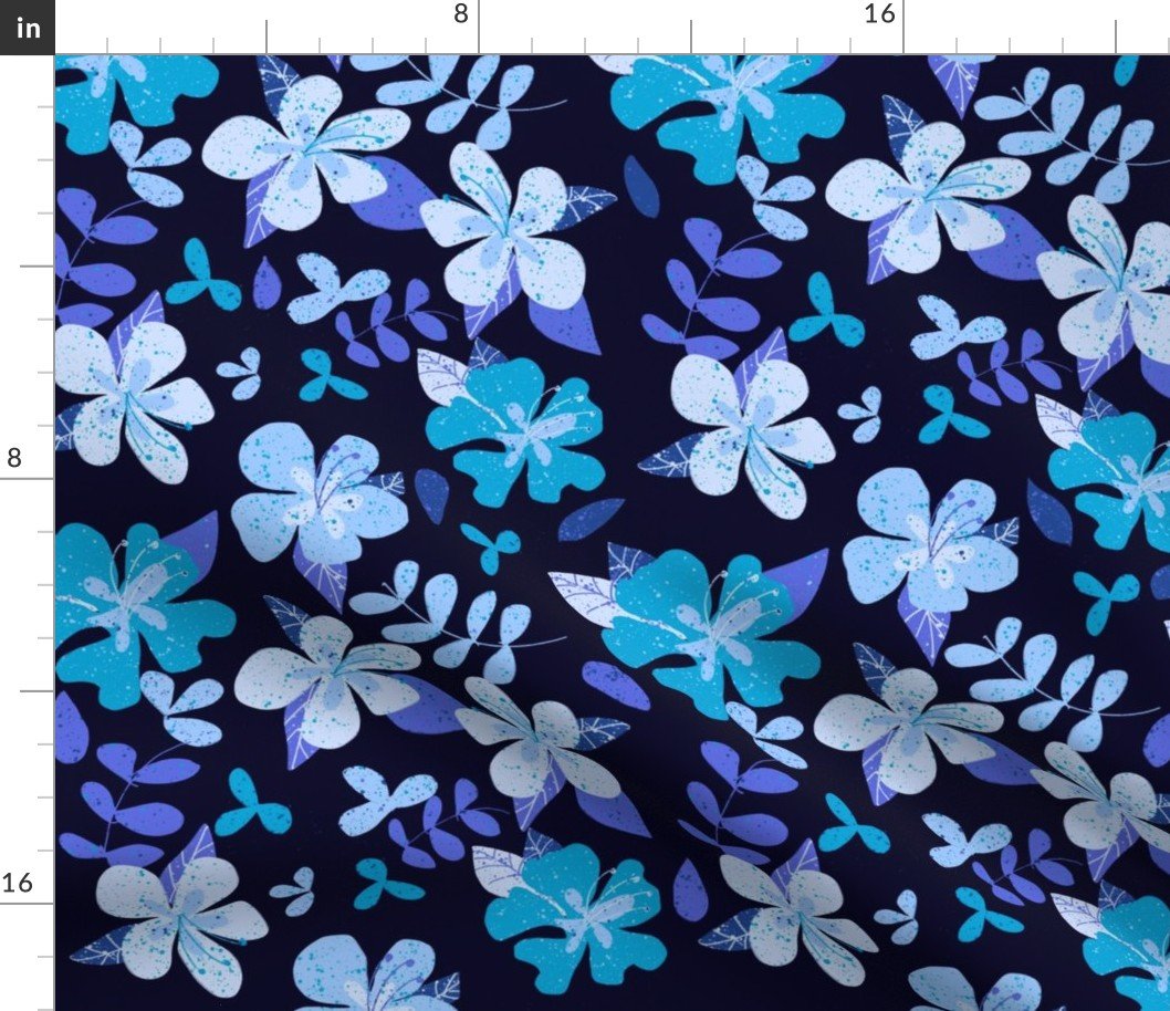 Jumbo Tropical Blue and Indigo Hibiscus Floral Repeat on Navy Fabric