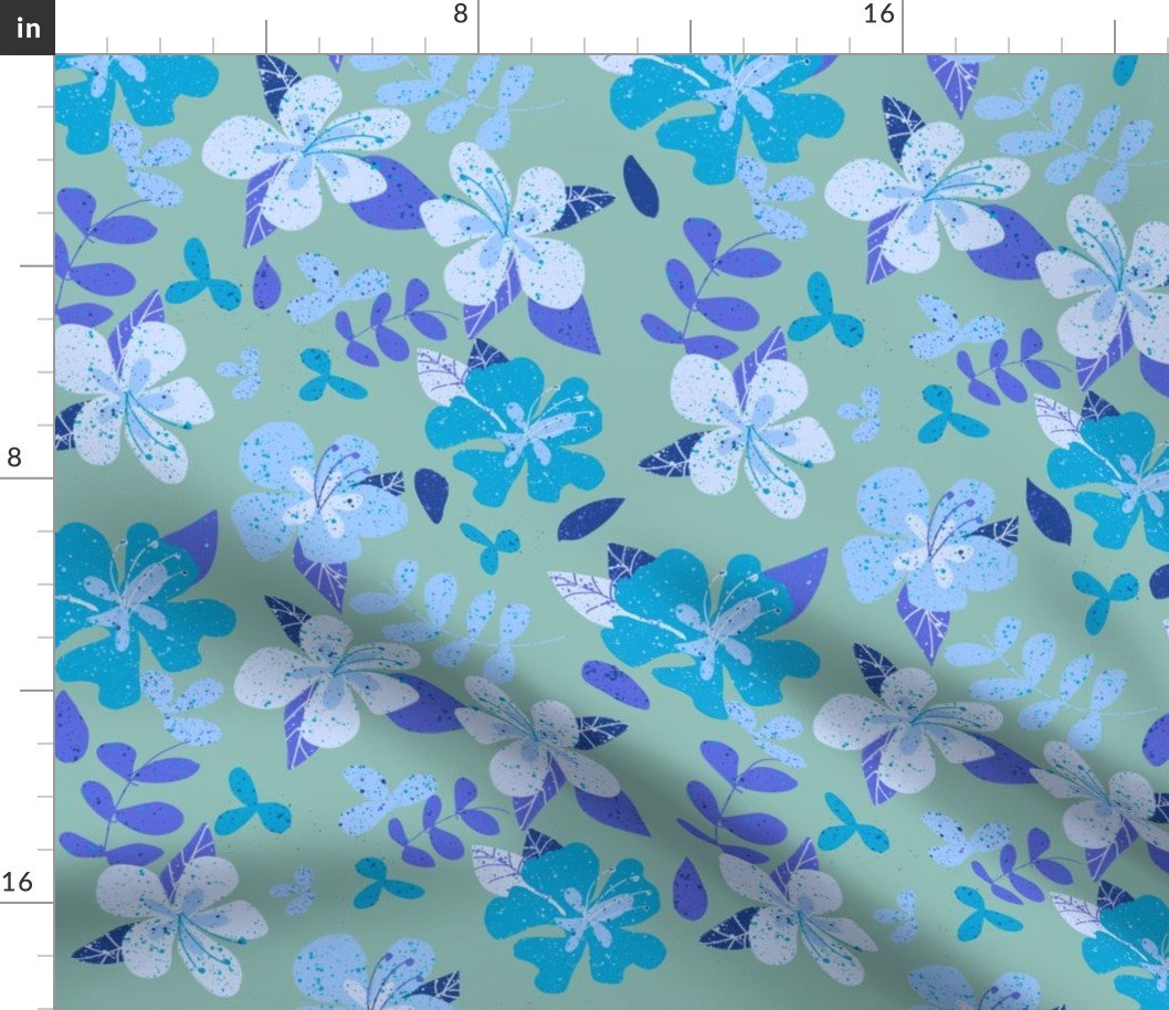Jumbo Tropical Blue and Indigo Hibiscus Floral Repeat on Seafoam Fabric