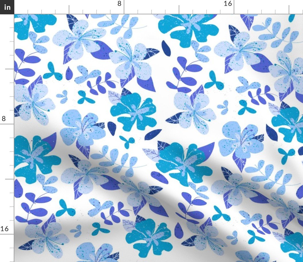 Jumbo Tropical Blue and Indigo Hibiscus Floral Repeat on White Fabric
