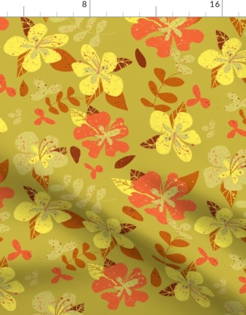 Jumbo Tropical Orange and Brown Hibiscus Retro Repeat on Gold Fabric