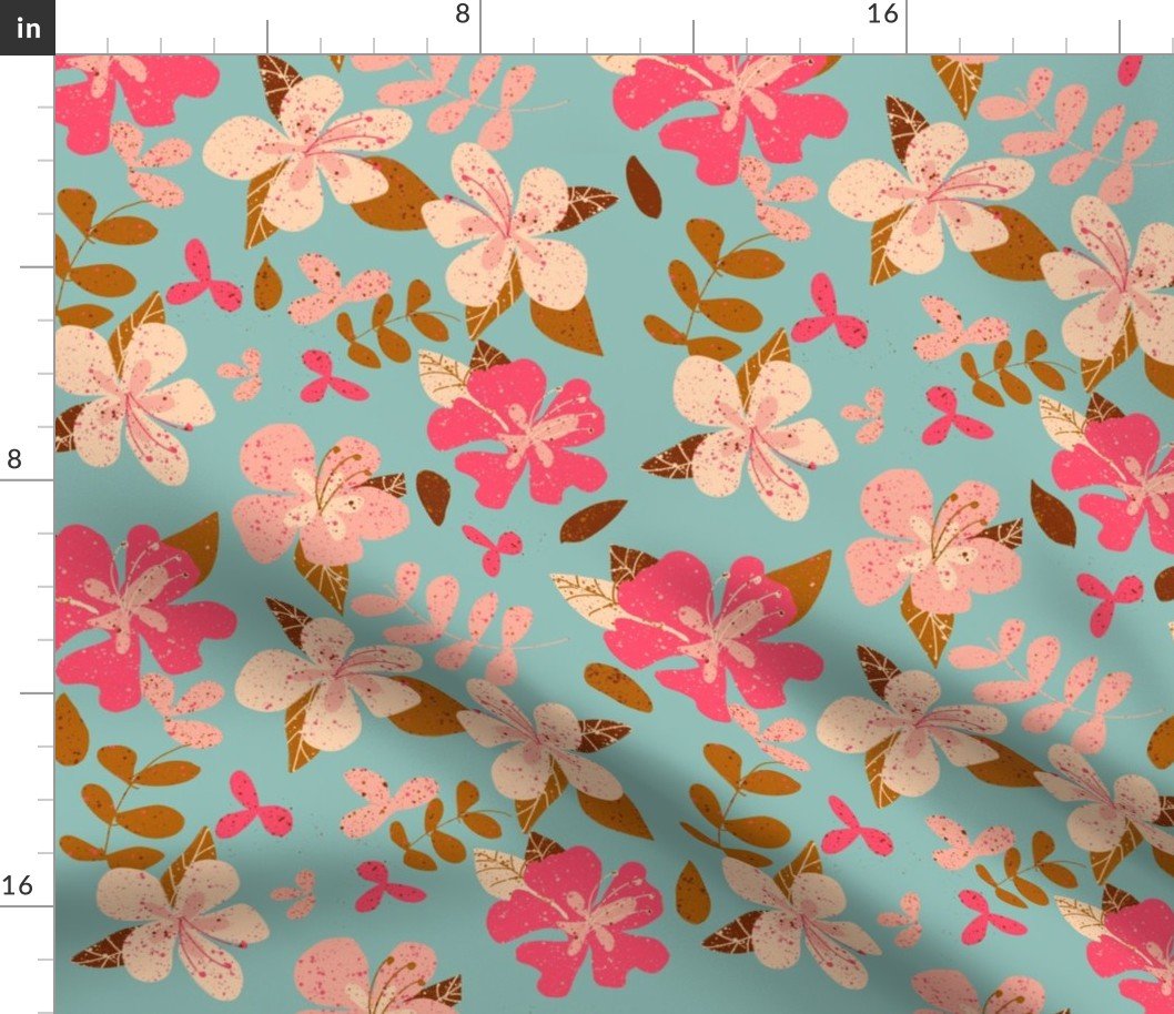 Jumbo Tropical Pink and Brown Hibiscus Floral Repeat on Seafoam Fabric