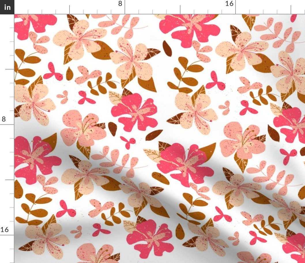 Jumbo Tropical Pink and Brown Hibiscus Floral Repeat on White Fabric Jumbo Tropical Pink and Brown Hibiscus Floral Repeat on White Fabric