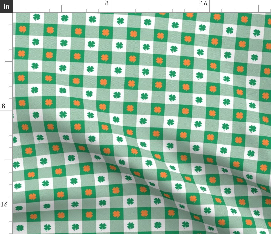 Kelly  and White Gingham Check with Center Shamrock Medallions in Kelly and Orange Fabric