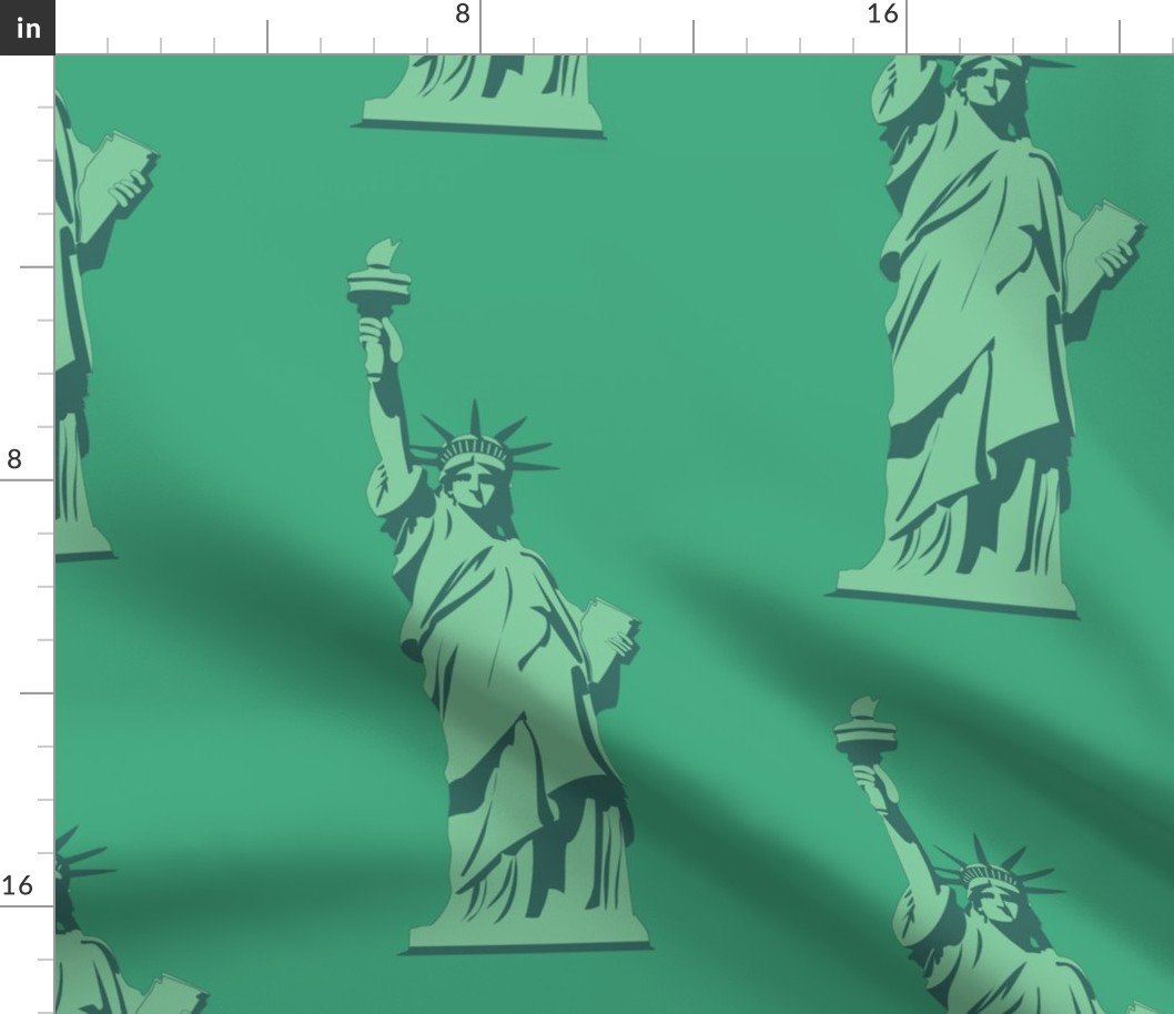 Lady Liberty Statues Repeat in Beguiling Green Fabric Lady Liberty Statues Repeat in Beguiling Green Fabric