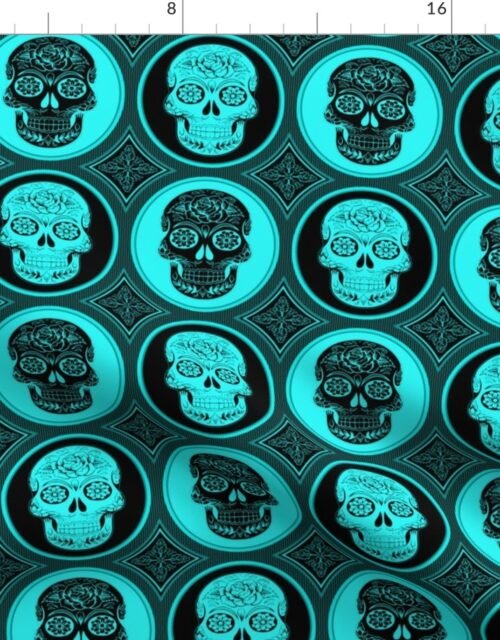 Large Aqua Blue and Black  Skulls Calaveras Day of the Dead Dia de los Muertos Fabric