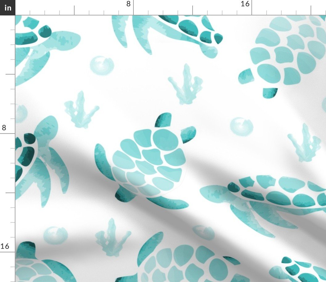 Large Aqua Ombre Watercolor Sea Turtle Print Fabric Large Aqua Ombre Watercolor Sea Turtle Print Fabric