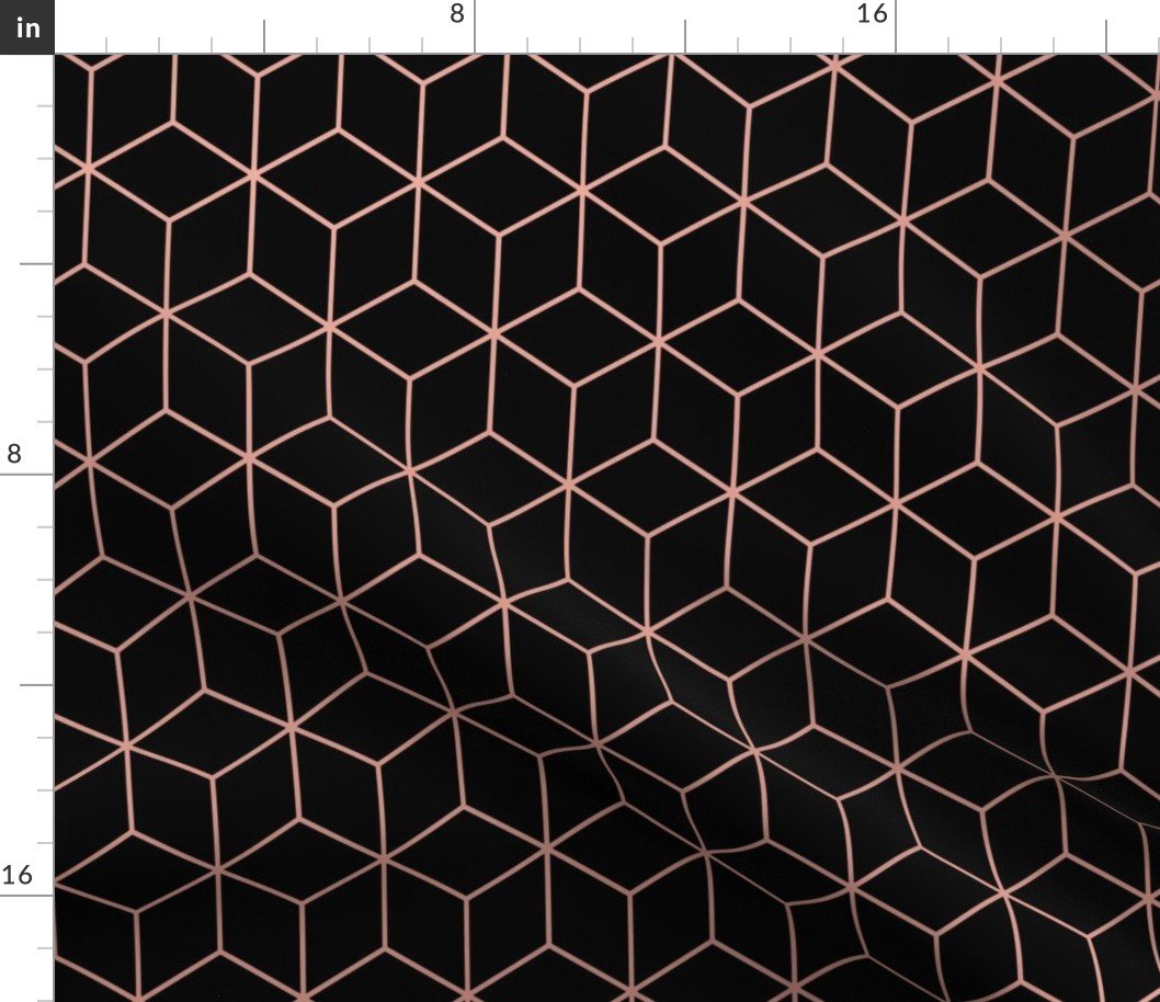 Large Black and Faux Metallic Rose Gold Art Deco 3D Geometric Cubes Fabric