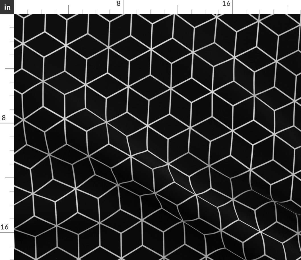 Large Black and Faux Metallic Silver Art Deco 3D Geometric Cubes Fabric Large Black and Faux Metallic Silver Art Deco 3D Geometric Cubes Fabric