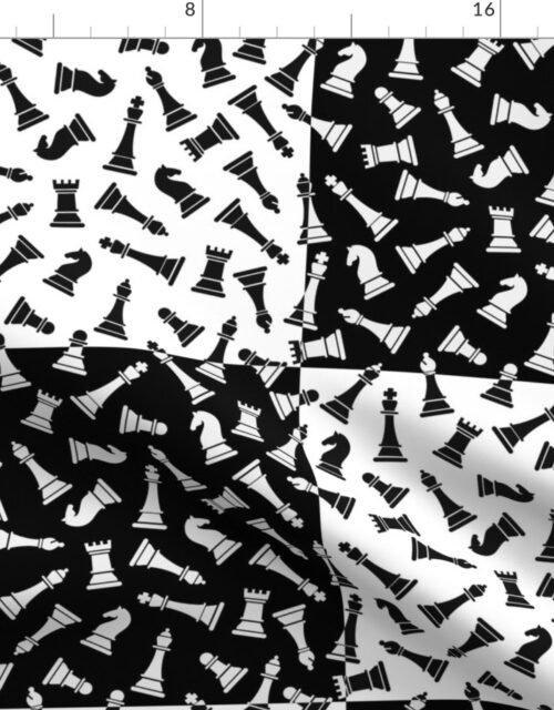 Large Black and White Chess Checker Board Pieces in Chess Pattern Fabric