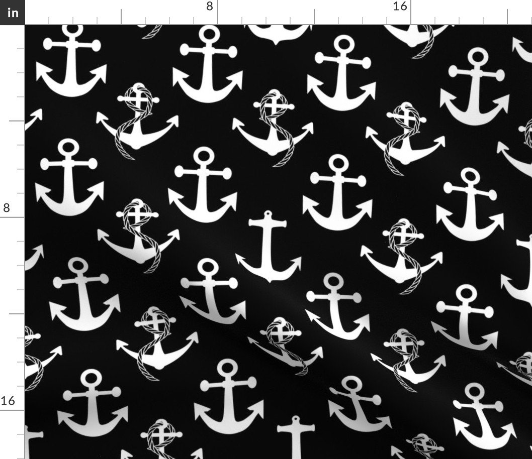 Large Black and White Nautical Anchor Pattern Fabric Large Black and White Nautical Anchor Pattern Fabric
