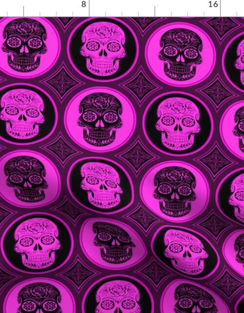 Large Bright Pink and Black  Skulls Calaveras Day of the Dead Dia de los Muertos Fabric
