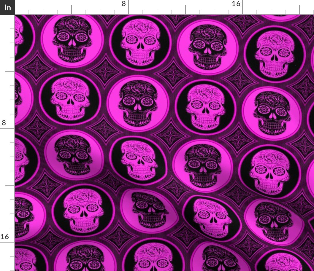 Large Bright Pink and Black Skulls Calaveras Day of the Dead Dia de los Muertos Fabric Large Bright Pink and Black Skulls Calaveras Day of the Dead Dia de los Muertos Fabric