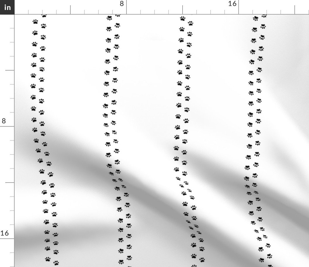 Large Cat Paw Prints in Black in Double Stripes on White Fabric Large Cat Paw Prints in Black in Double Stripes on White Fabric