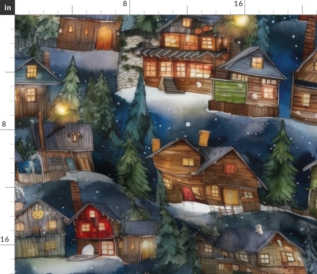Large Christmas Christmas Rugged Country Winter Cabins Watercolor Fabric Large Christmas Christmas Rugged Country Winter Cabins Watercolor Fabric