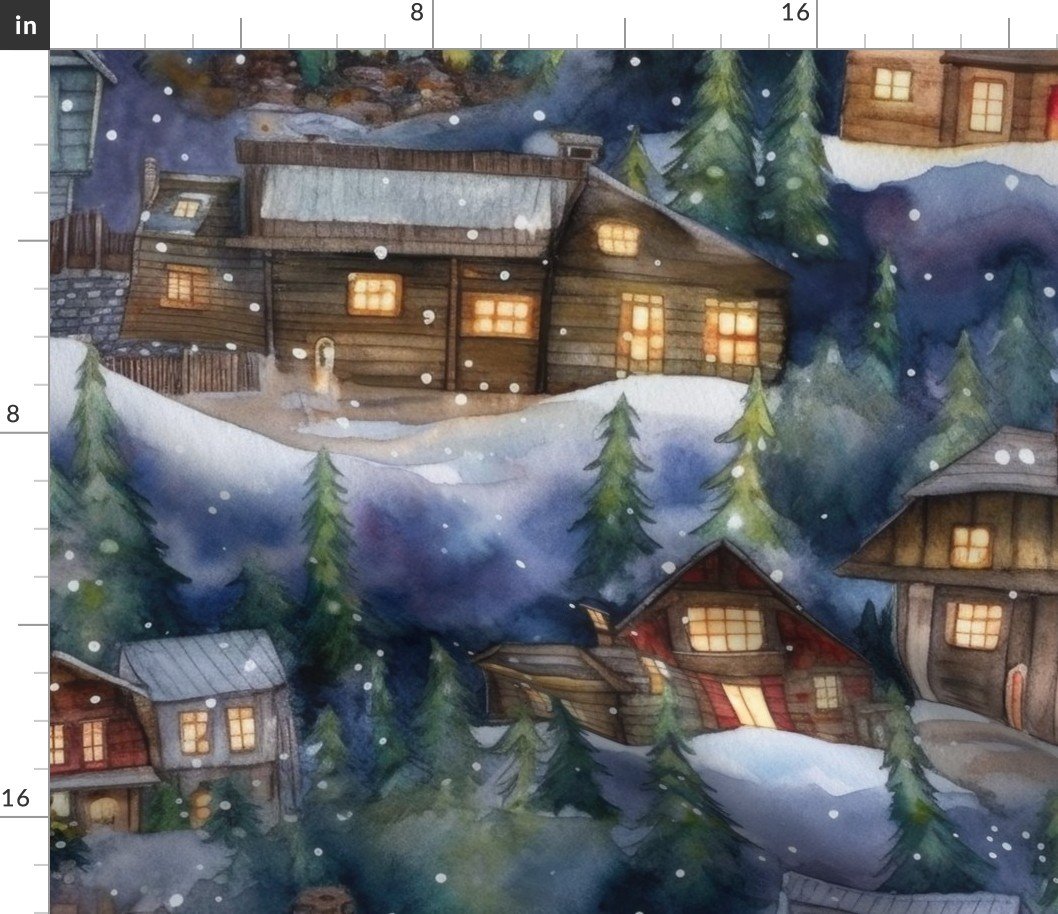 Large Christmas Christmas Rustic Village Winter Cabins Watercolor Fabric