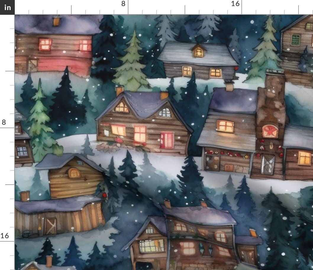 Large Christmas Christmas Rustic Winter Mountainside Cabins Watercolor Fabric Large Christmas Christmas Rustic Winter Mountainside Cabins Watercolor Fabric