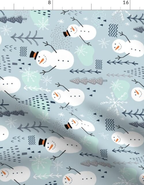 Large Christmas Snowman  with Trees and Snowflakes on Icy Mint Blue Fabric