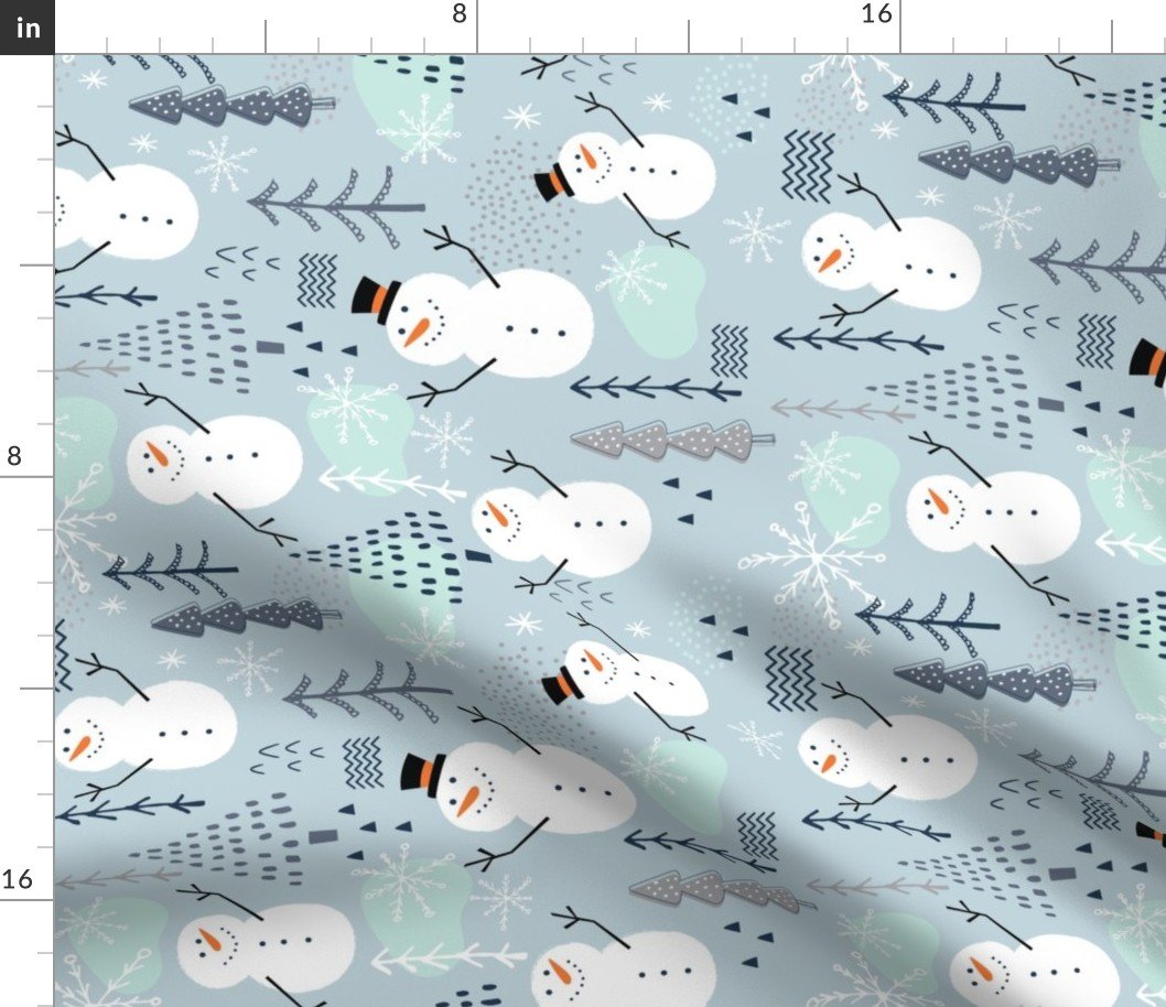 Large Christmas Snowman  with Trees and Snowflakes on Icy Mint Blue Fabric