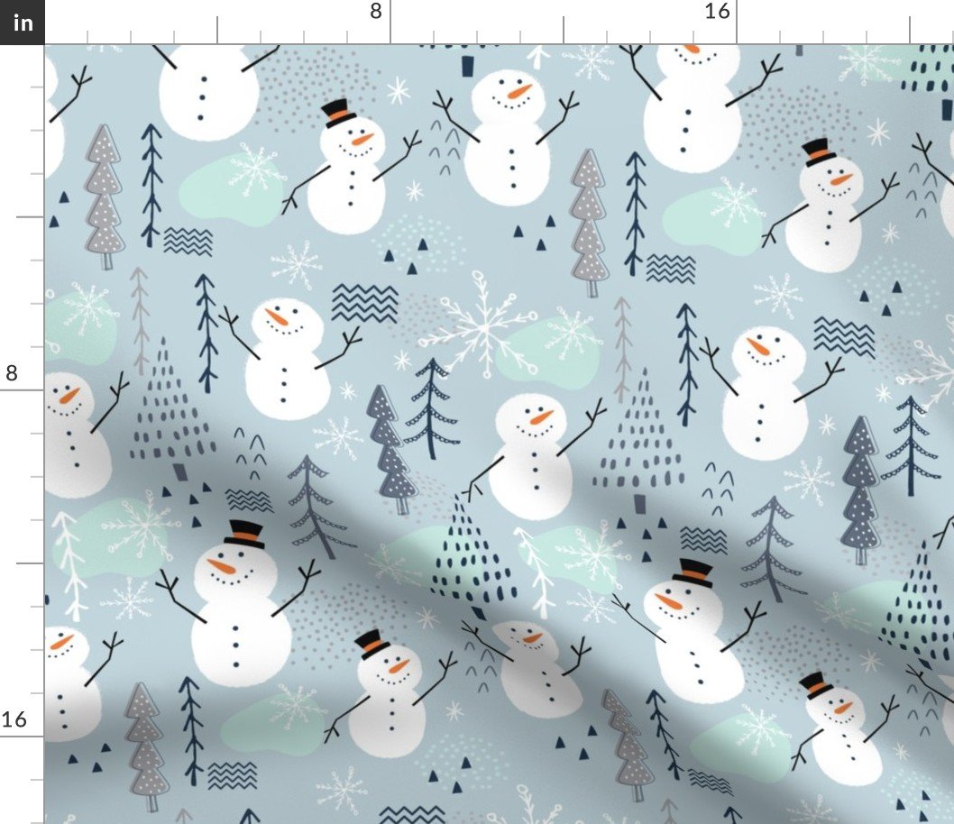 Large Christmas Snowman with Trees and Snowflakes on Icy Mint Blue Fabric Large Christmas Snowman with Trees and Snowflakes on Icy Mint Blue Fabric