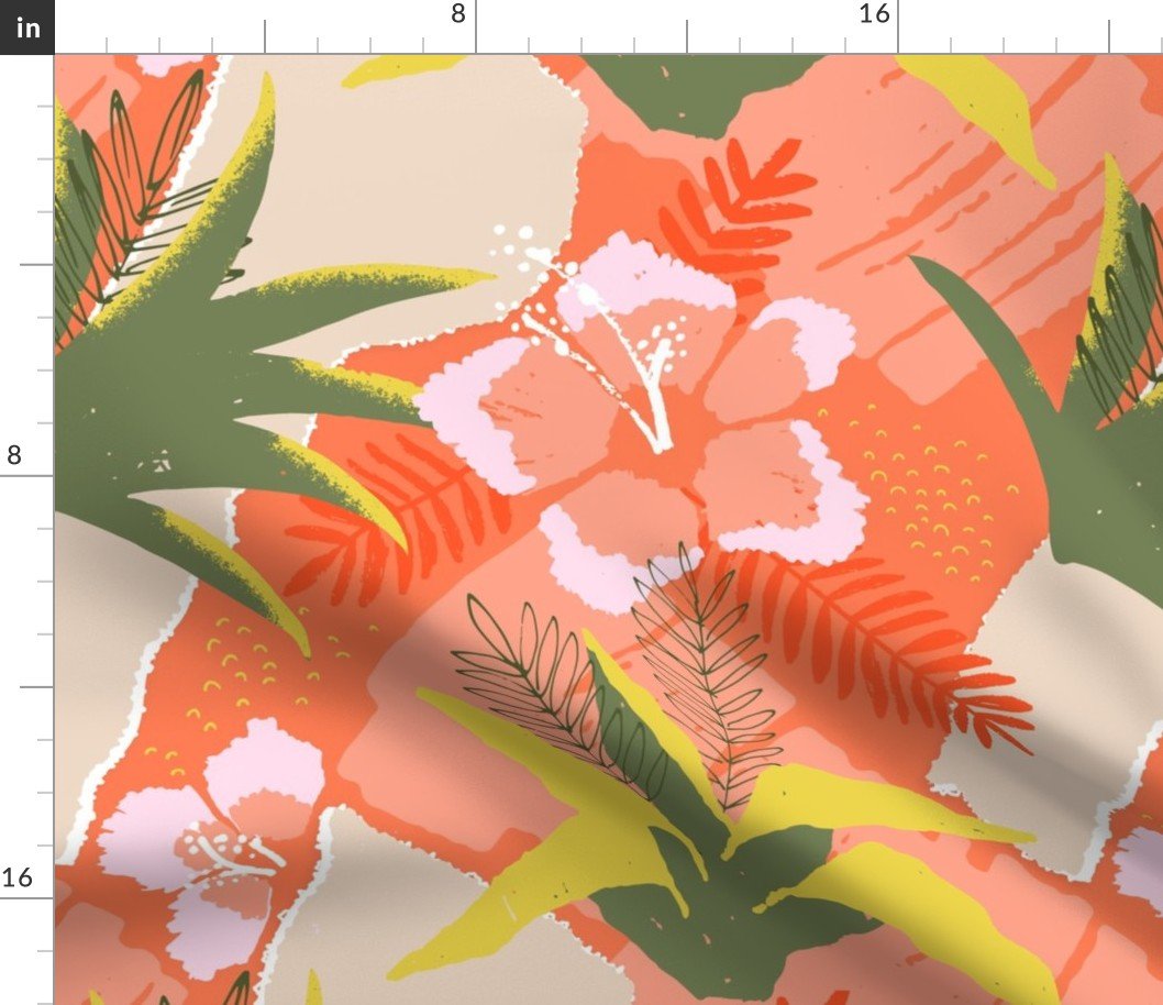 Large Coral Hibiscus Floral Abstract Seamless Repeat Pattern Fabric