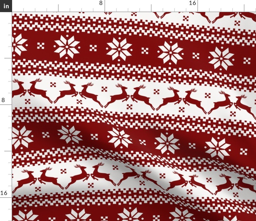Large Dark Christmas Candy Apple Red Nordic Reindeer Stripe Fabric Large Dark Christmas Candy Apple Red Nordic Reindeer Stripe Fabric