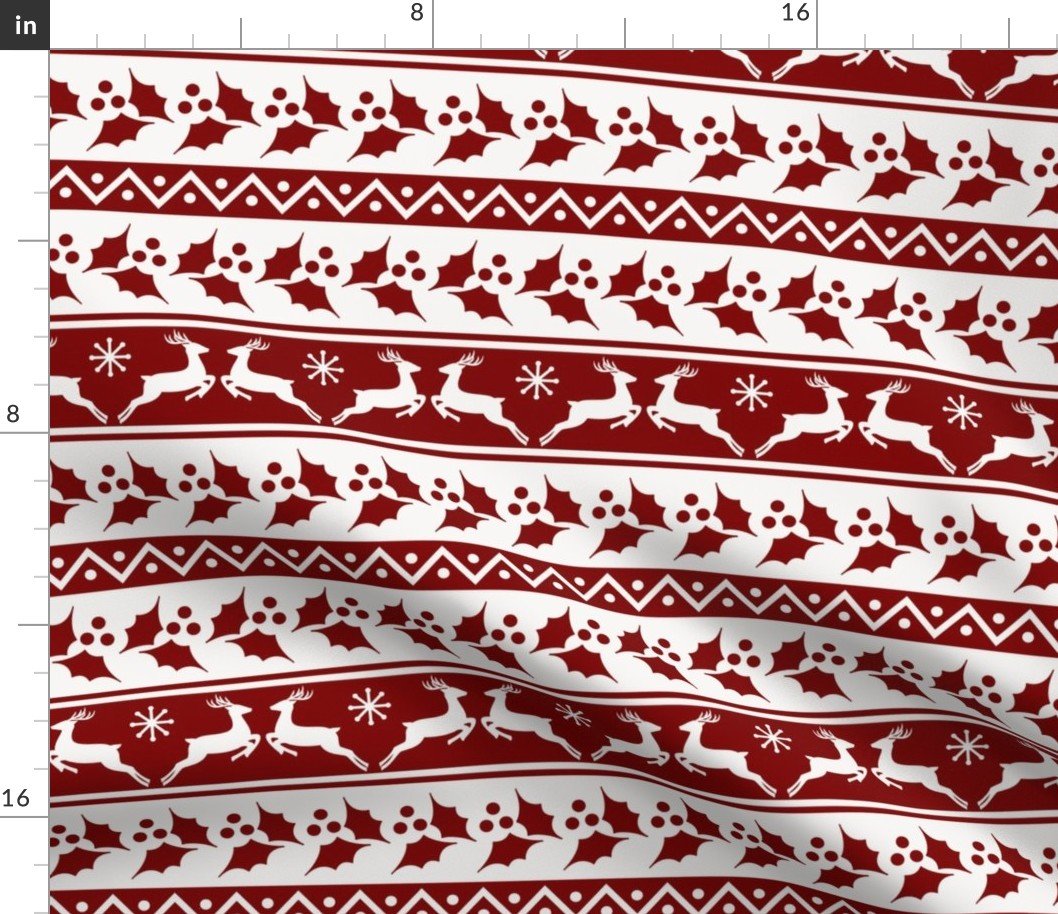 Large Dark Christmas Candy Apple Red Nordic Reindeer Stripe in White Fabric