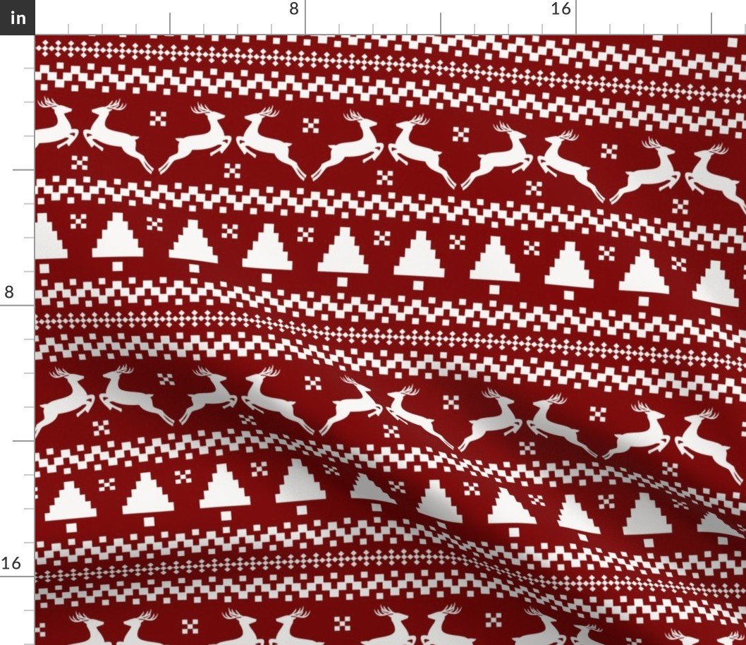 Large Dark Christmas Candy Apple Red Nordic Reindeer Stripe in White Fabric