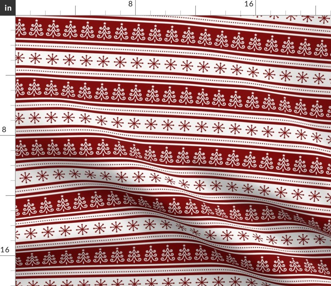 Large Dark Christmas Candy Apple Red Nordic Trees Stripe in White Fabric