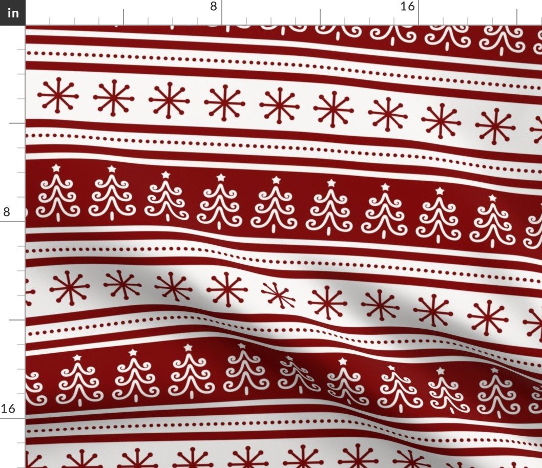 Large Dark Christmas Candy Apple Red Nordic Trees Stripe in White Fabric