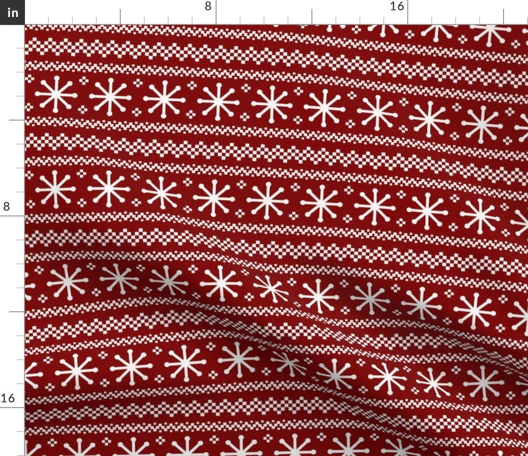 Large Dark Christmas Candy Apple Red Snowflake Stripes in White Fabric Large Dark Christmas Candy Apple Red Snowflake Stripes in White Fabric