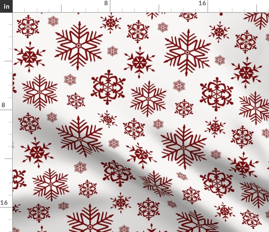 Large Dark Christmas Candy Apple Red Snowflakes on White Fabric Large Dark Christmas Candy Apple Red Snowflakes on White Fabric