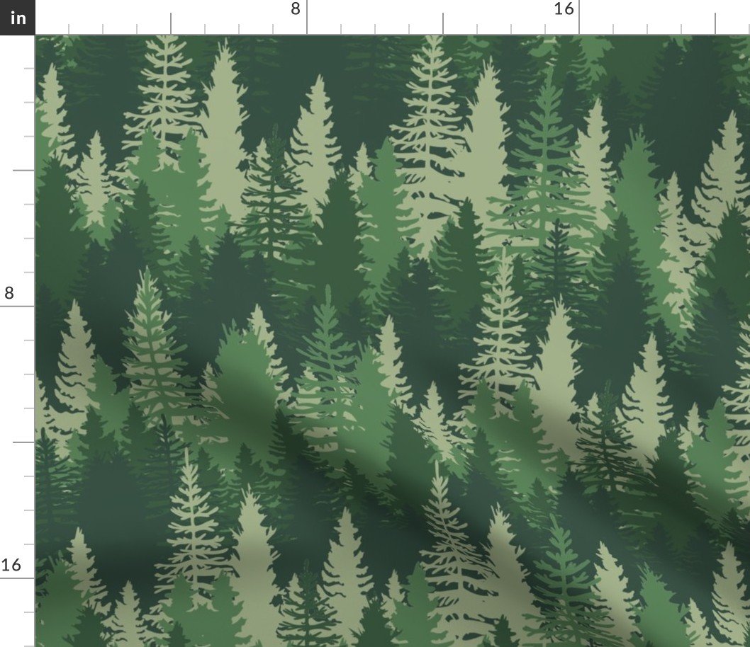 Large Endless Evergreen Forest with Fir Trees in Shades of Green Fabric