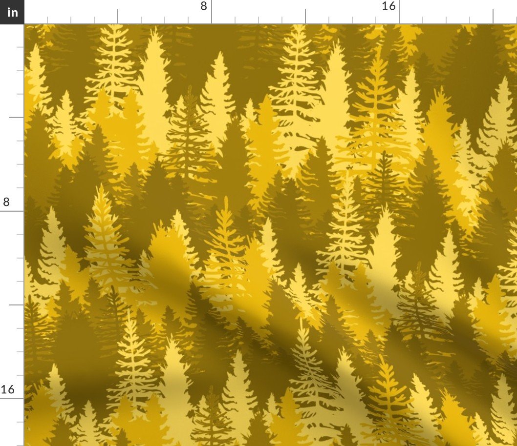 Large Endless Evergreen Forest with Fir Trees in Shades of Orange Fabric