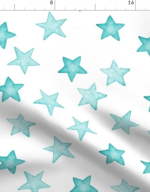 Large Faded Aqua Christmas Stars on White Fabric