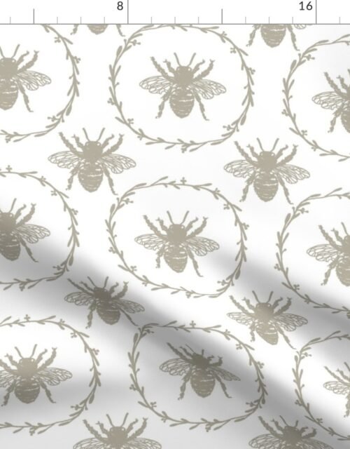 Large French Provincial Bees in Laurel Wreaths in Beige on White Fabric