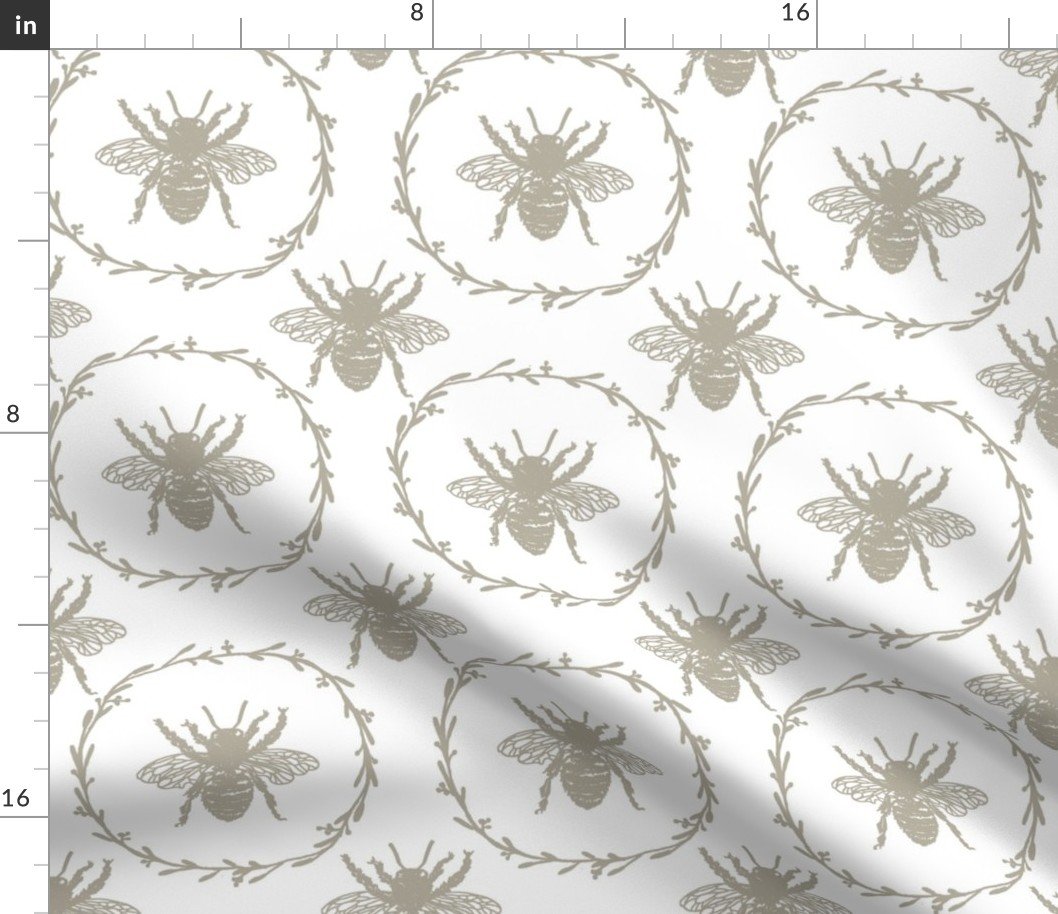 Large French Provincial Bees in Laurel Wreaths in Beige on White Fabric