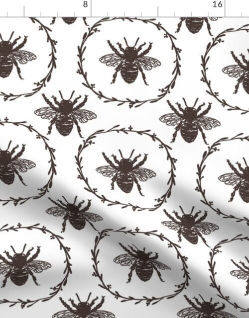 Large French Provincial Bees in Laurel Wreaths in Chocolate on White Fabric