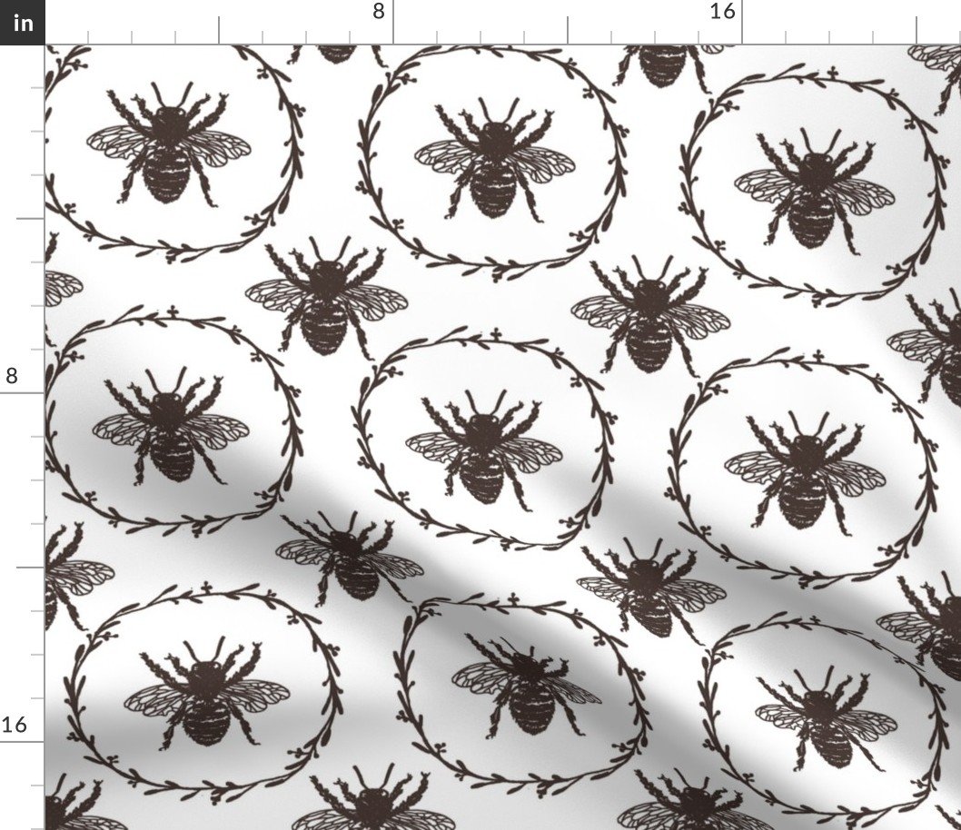 Large French Provincial Bees in Laurel Wreaths in Chocolate on White Fabric Large French Provincial Bees in Laurel Wreaths in Chocolate on White Fabric