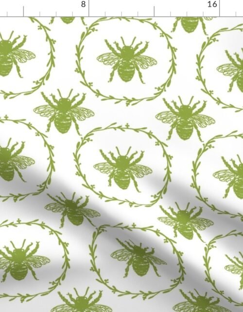 Large French Provincial Bees in Laurel Wreaths in Grass Green on White Fabric
