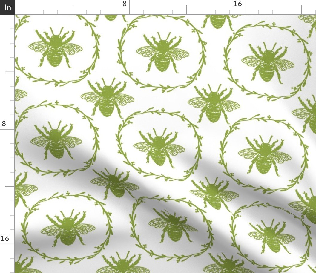 Large French Provincial Bees in Laurel Wreaths in Grass Green on White Fabric