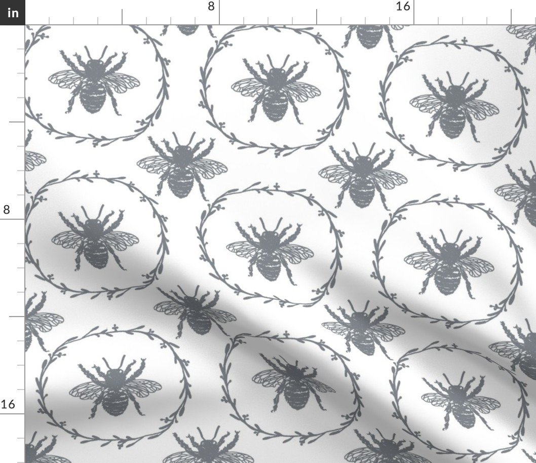 Large French Provincial Bees in Laurel Wreaths in Grey Blue on White Fabric Large French Provincial Bees in Laurel Wreaths in Grey Blue on White Fabric