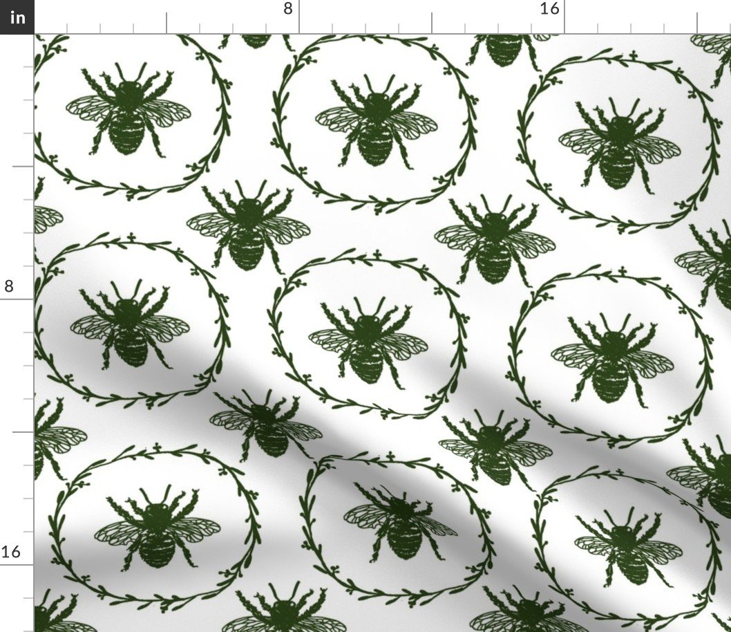 Large French Provincial Bees in Laurel Wreaths in Lichen Green on White Fabric