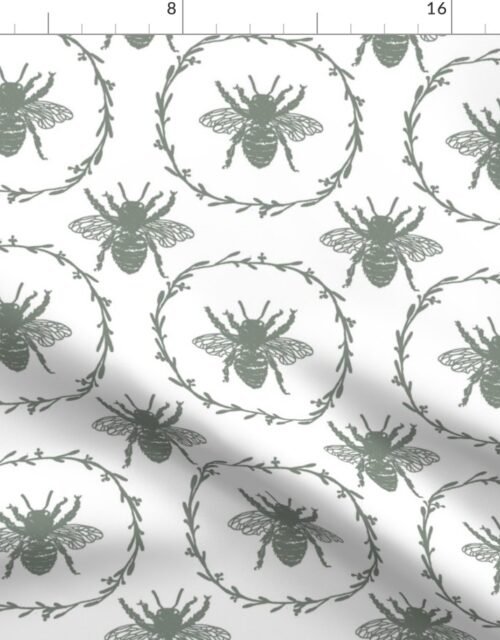 Large French Provincial Bees in Laurel Wreaths in Sage Green on White Fabric